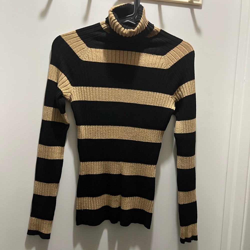 INC Women Pullover Turtle Neck Knit Striped Black & Gold With Shiny Gold Size S